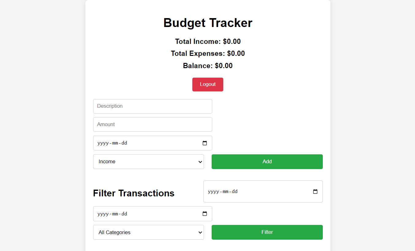 Budget Tracker web app running